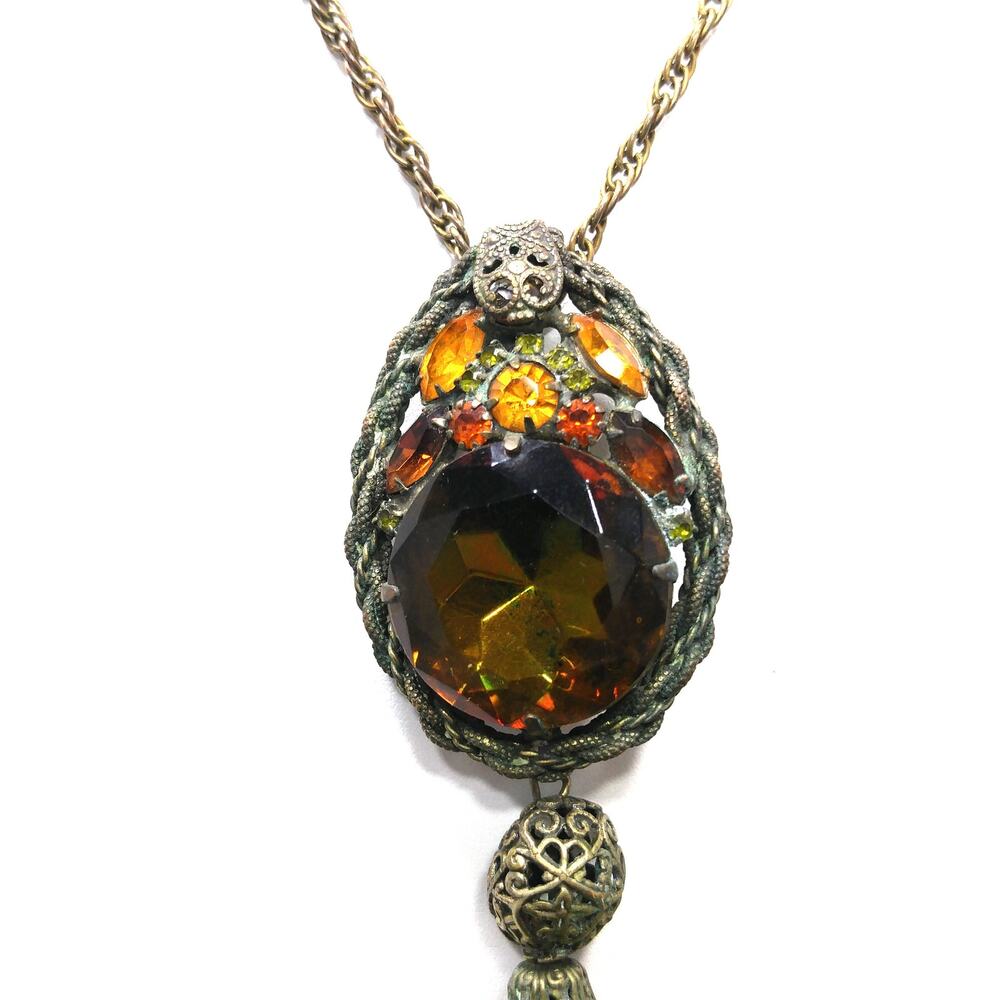 Antique 1920s Purple Glass Pendant Necklace with Chain Tassel and Rhinestones